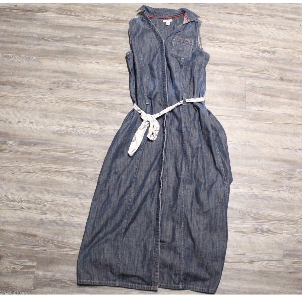 Tommy Hilfiger Denim Sleeveless Maxi Dress XL Dark Wash Belted Button Front